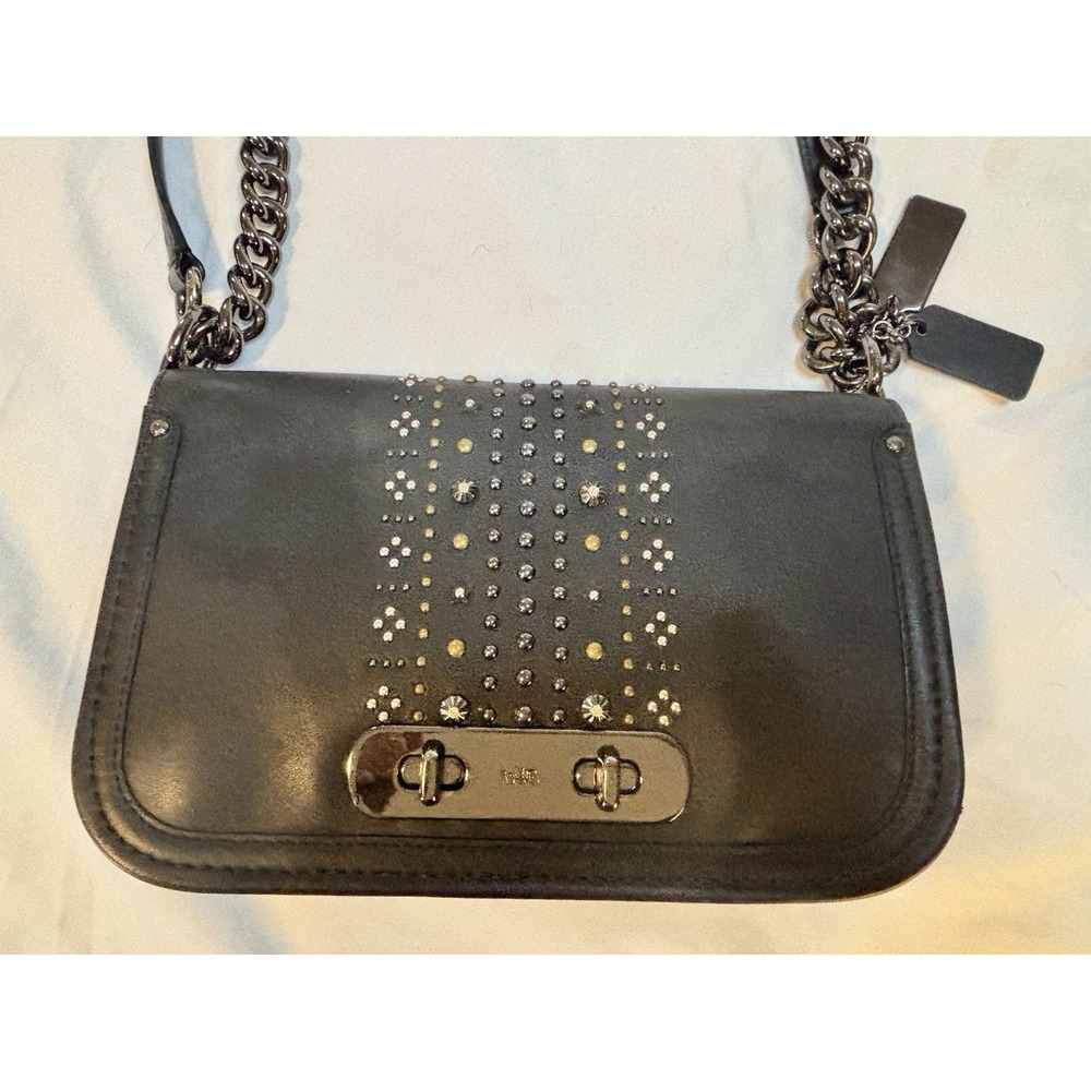 Black Leather Coach Swagger Bag w/ Bandana Rivets & Chain Strap Adjustable